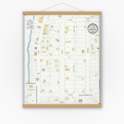 Old map wall art mockup — magnetic wood frame on white wall — Sanborn Fire Insurance Map from Hampton, Rock Island County, Illinois (1906), Sheet #0001