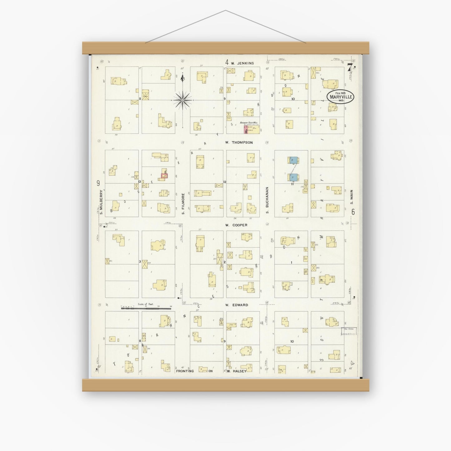 Old map wall art mockup — magnetic wood frame on white wall — Sanborn Fire Insurance Map from Maryville, Nodaway County, Missouri (1909), Sheet #0007