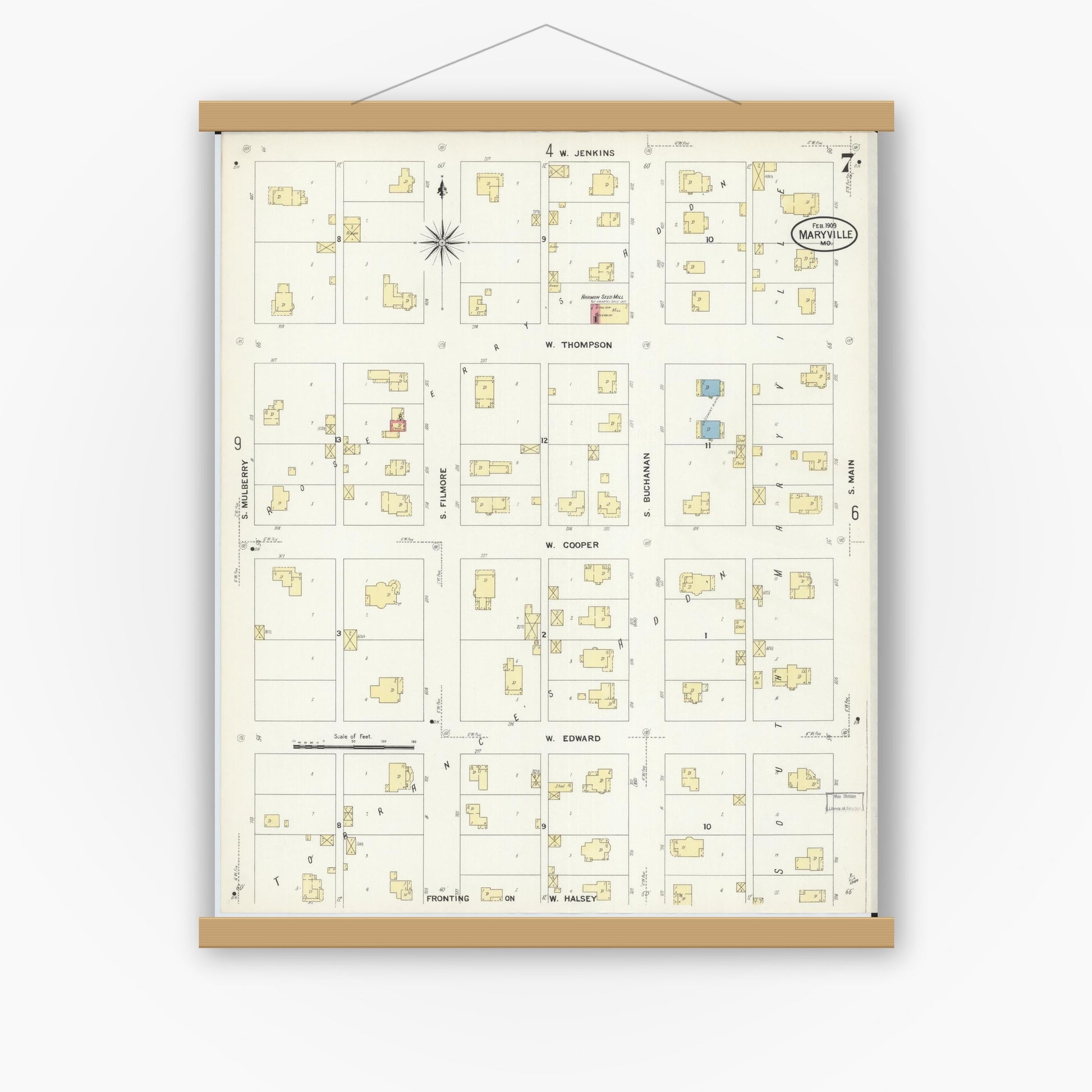 Old map wall art mockup — magnetic wood frame on white wall — Sanborn Fire Insurance Map from Maryville, Nodaway County, Missouri (1909), Sheet #0007