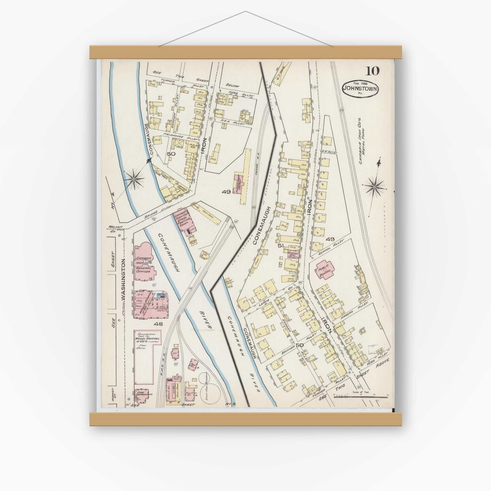 Old map wall art mockup — magnetic wood frame on white wall — Sanborn Fire Insurance Map from Johnstown, Cambria County, Pennsylvania (1886), Sheet #0010