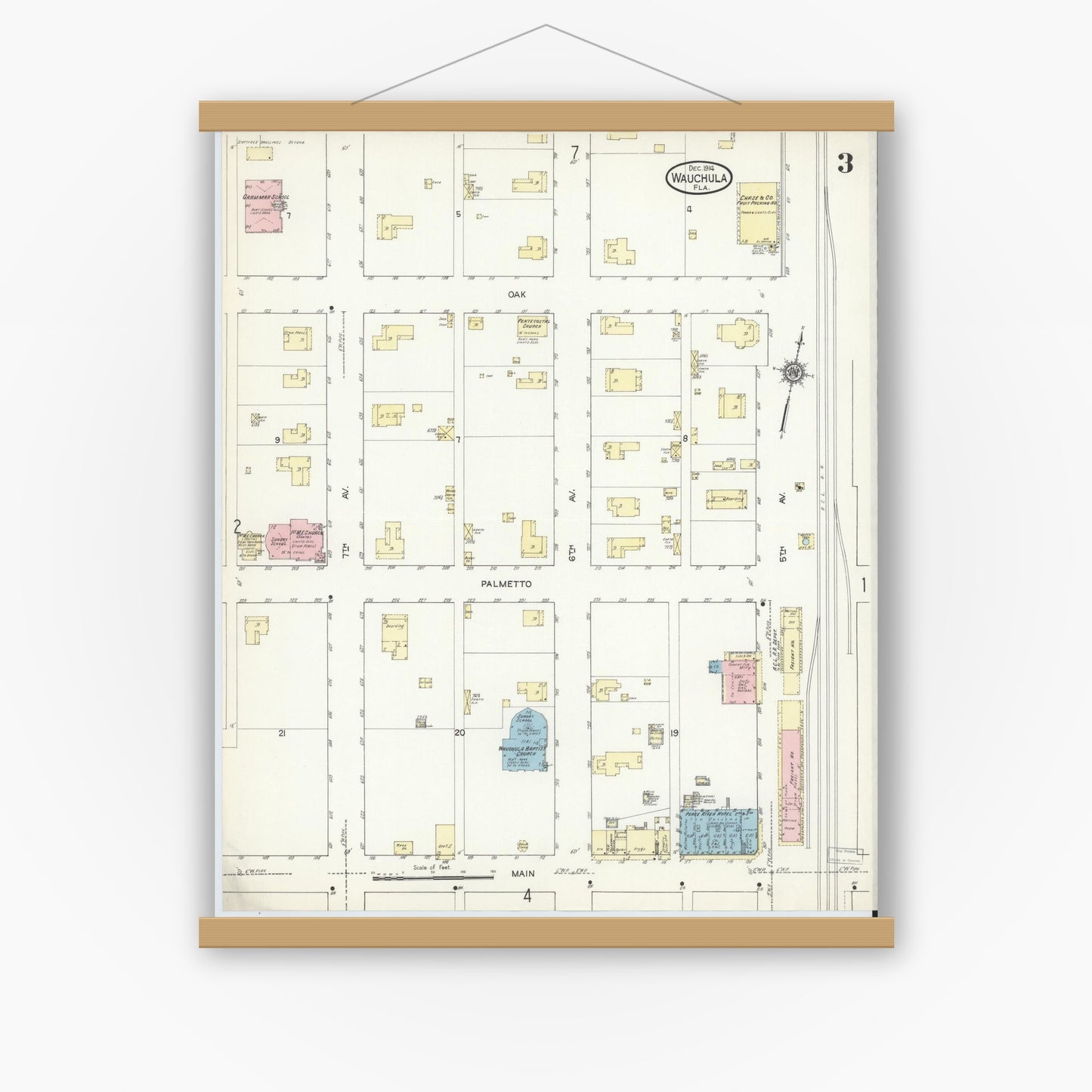 Old map wall art mockup — magnetic wood frame on white wall — Sanborn Fire Insurance Map from Wauchula, Hardee County, Florida (1914), Sheet #0003