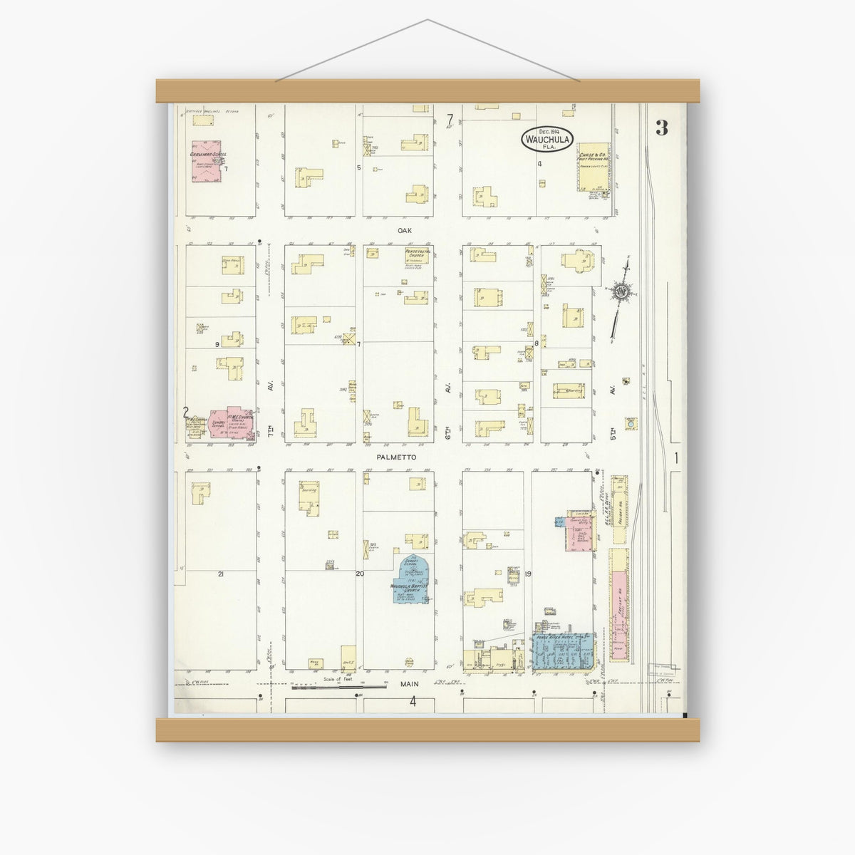 Old map wall art mockup — magnetic wood frame on white wall — Sanborn Fire Insurance Map from Wauchula, Hardee County, Florida (1914), Sheet #0003