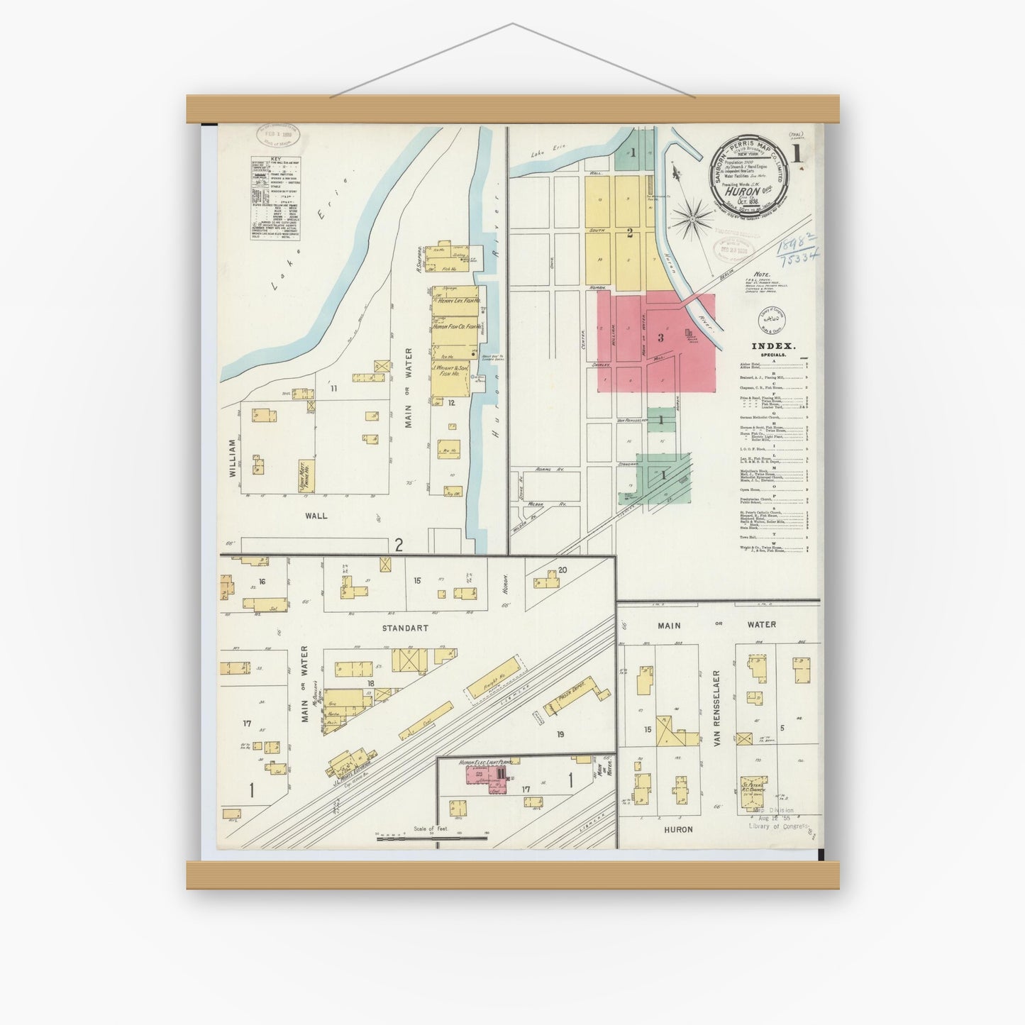 Old map wall art mockup — magnetic wood frame on white wall — Sanborn Fire Insurance Map from Huron, Erie County, Ohio (1898), Sheet #0001
