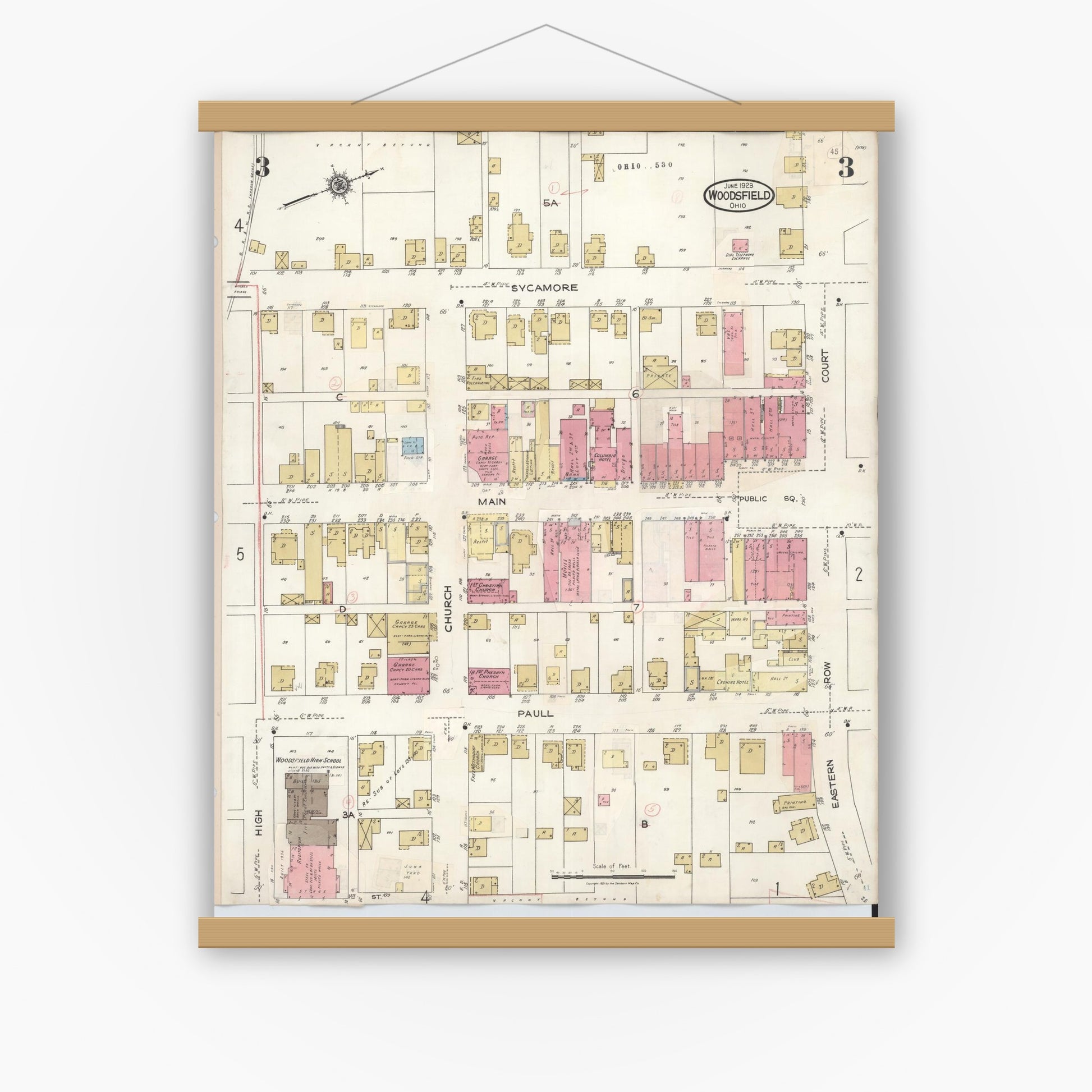 Old map wall art mockup — magnetic wood frame on white wall — Sanborn Fire Insurance Map from Woodsfield, Monroe County, Ohio (1949), Sheet #0003