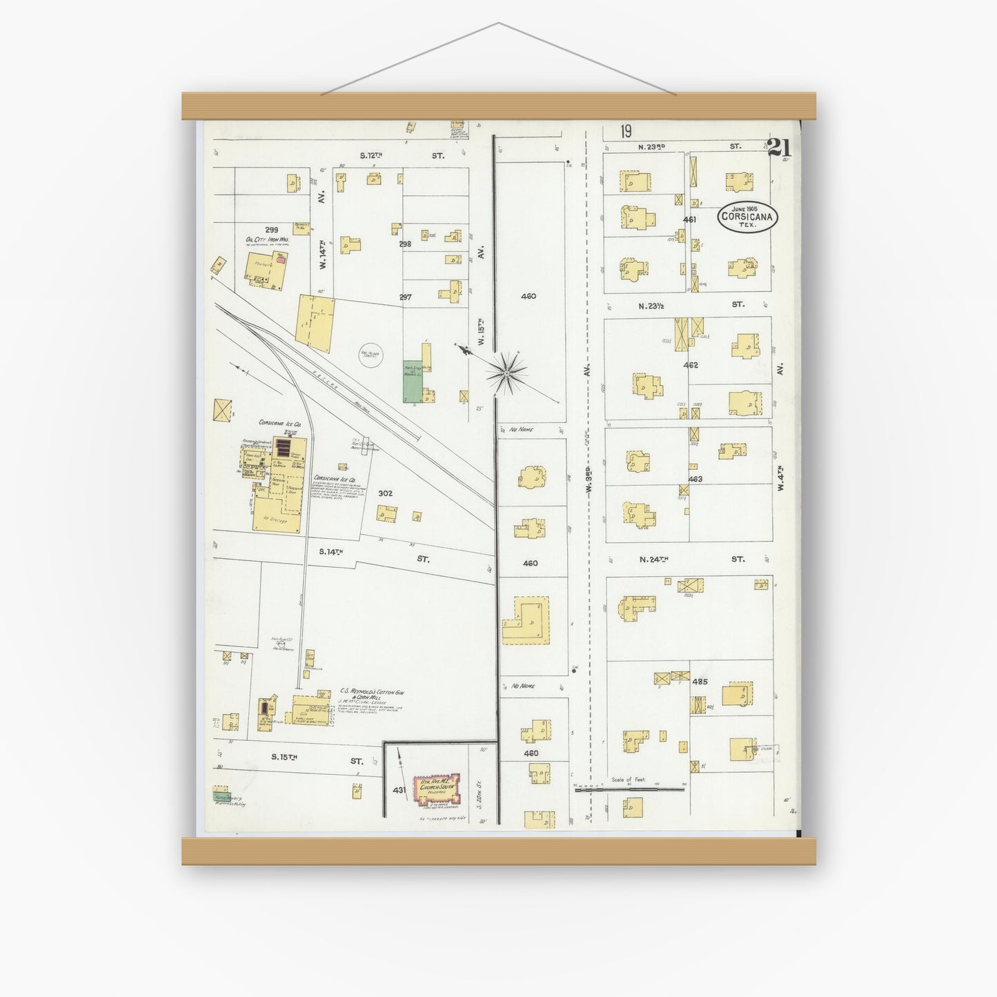 Old map wall art mockup — magnetic wood frame on white wall — Sanborn Fire Insurance Map from Corsicana, Navarro County, Texas (1905), Sheet #0021