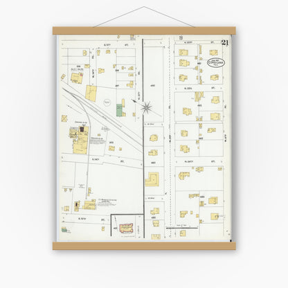 Old map wall art mockup — magnetic wood frame on white wall — Sanborn Fire Insurance Map from Corsicana, Navarro County, Texas (1905), Sheet #0021
