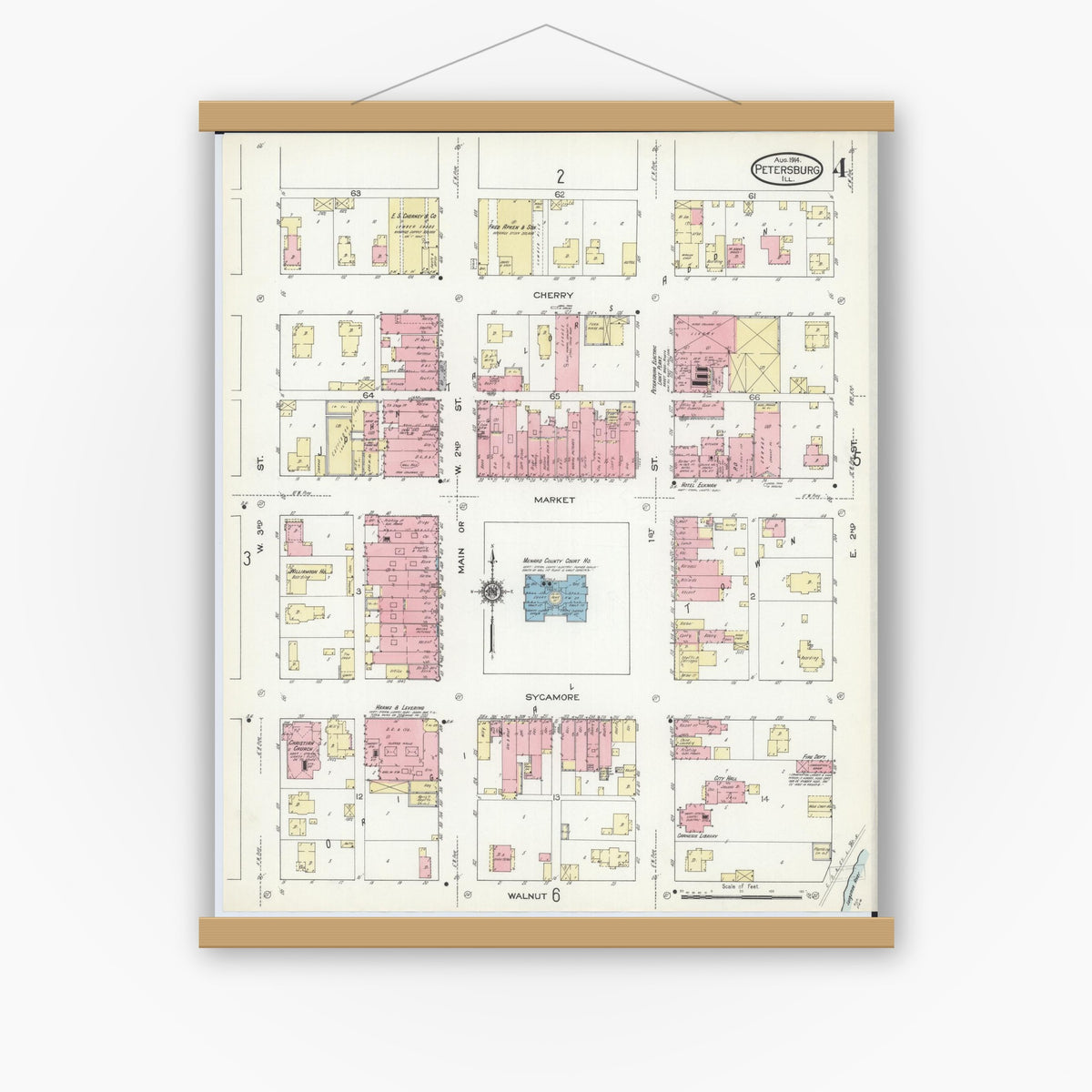 Old map wall art mockup — magnetic wood frame on white wall — Sanborn Fire Insurance Map from Petersburg, Menard County, Illinois (1914), Sheet #0004