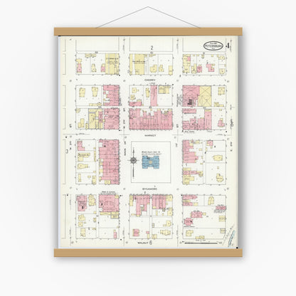 Old map wall art mockup — magnetic wood frame on white wall — Sanborn Fire Insurance Map from Petersburg, Menard County, Illinois (1914), Sheet #0004
