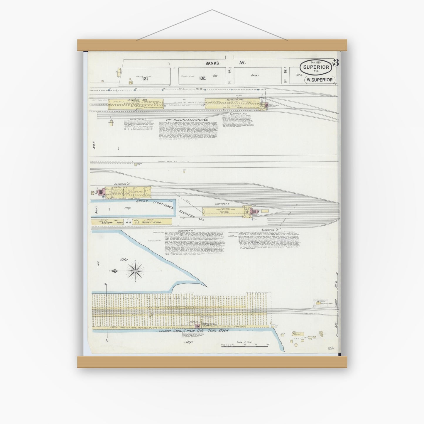 Old map wall art mockup — magnetic wood frame on white wall — Sanborn Fire Insurance Map from Superior, Douglas County, Wisconsin (1889), Sheet #0003