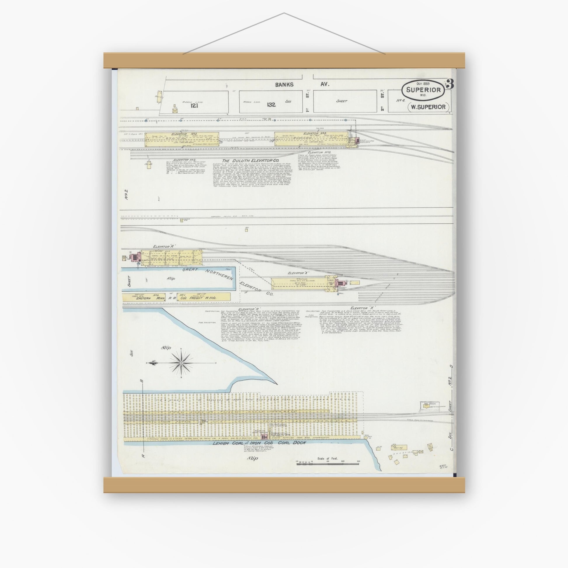 Old map wall art mockup — magnetic wood frame on white wall — Sanborn Fire Insurance Map from Superior, Douglas County, Wisconsin (1889), Sheet #0003