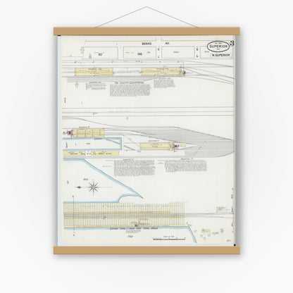 Old map wall art mockup — magnetic wood frame on white wall — Sanborn Fire Insurance Map from Superior, Douglas County, Wisconsin (1889), Sheet #0003