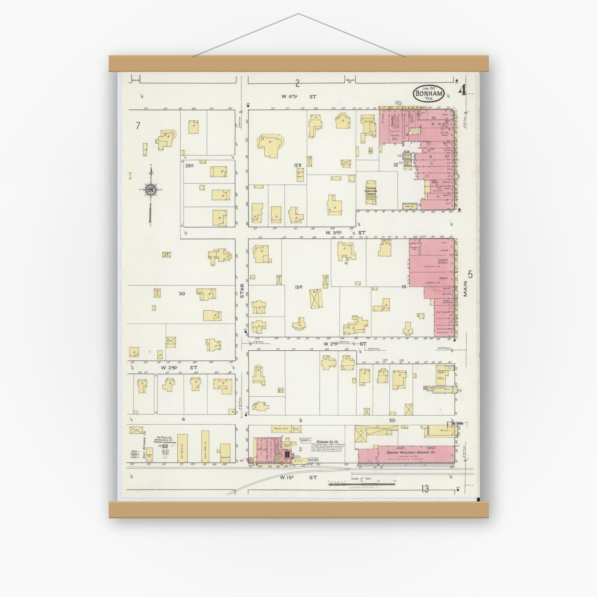 Old map wall art mockup — magnetic wood frame on white wall — Sanborn Fire Insurance Map from Bonham, Fannin County, Texas (1917), Sheet #0004