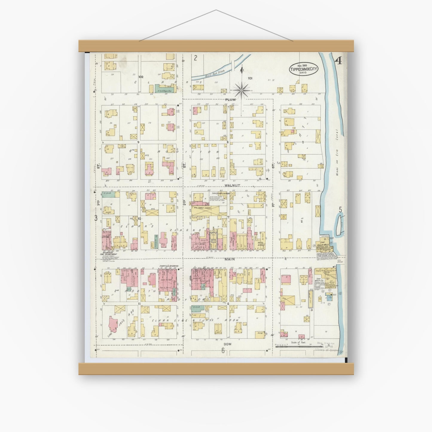Old map wall art mockup — magnetic wood frame on white wall — Sanborn Fire Insurance Map from Tipp City, Miami County, Ohio (1905), Sheet #0004