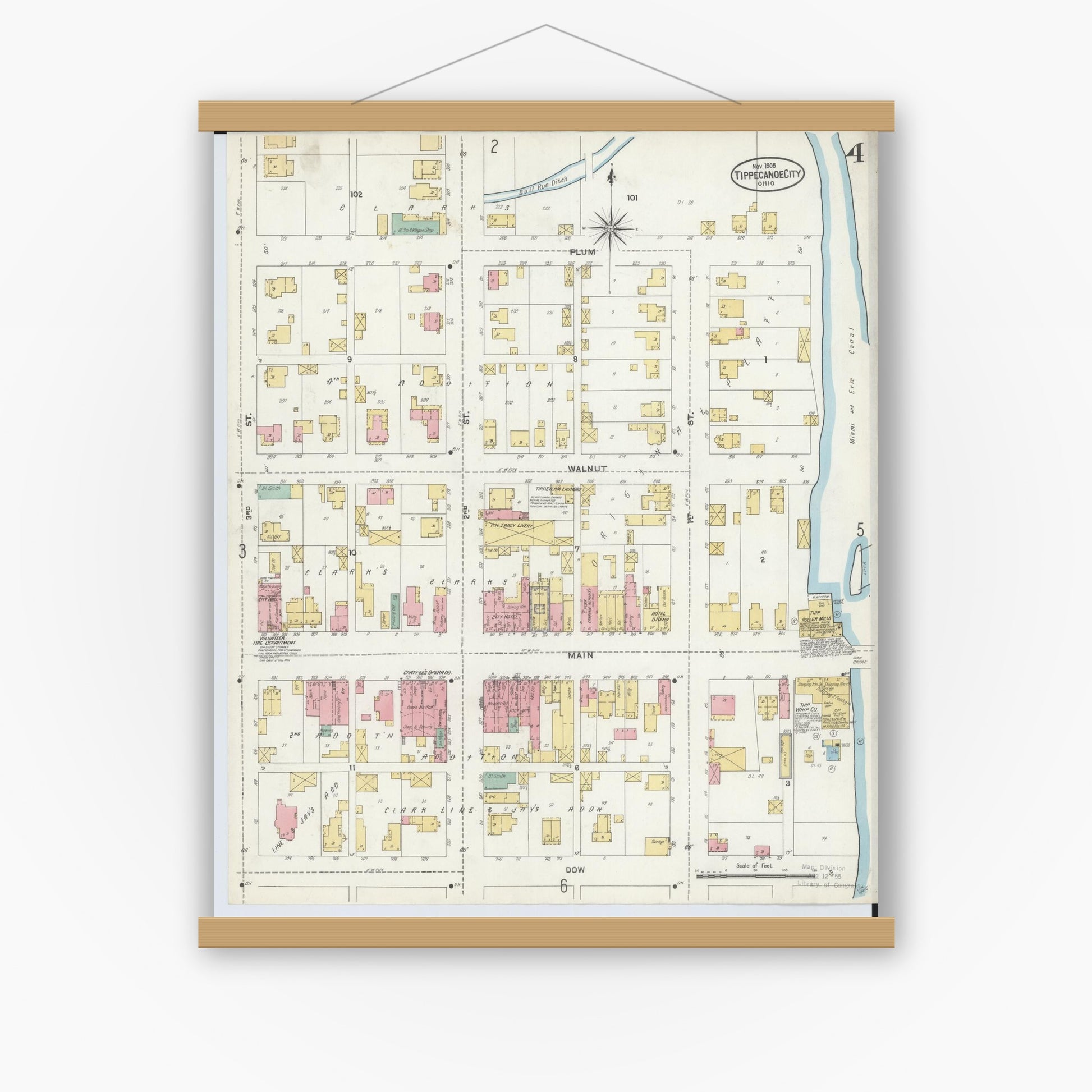 Old map wall art mockup — magnetic wood frame on white wall — Sanborn Fire Insurance Map from Tipp City, Miami County, Ohio (1905), Sheet #0004