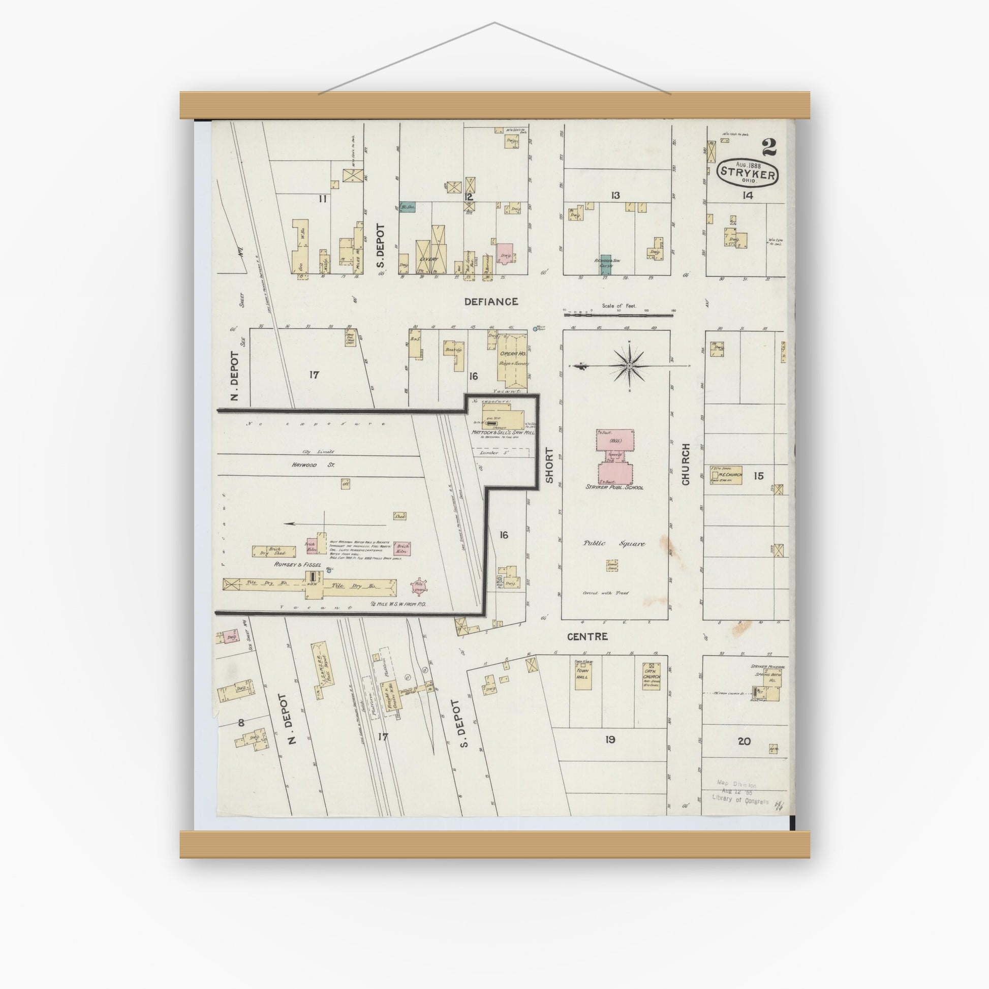 Old map wall art mockup — magnetic wood frame on white wall — Sanborn Fire Insurance Map from Stryker, Williams County, Ohio (1888), Sheet #0002
