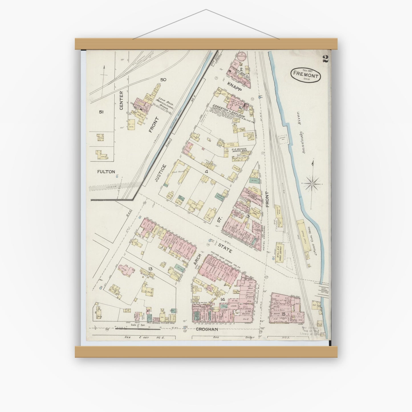 Old map wall art mockup — magnetic wood frame on white wall — Sanborn Fire Insurance Map from Fremont, Sandusky County, Ohio (1887), Sheet #0002