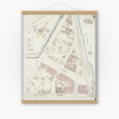Old map wall art mockup — magnetic wood frame on white wall — Sanborn Fire Insurance Map from Fremont, Sandusky County, Ohio (1887), Sheet #0002
