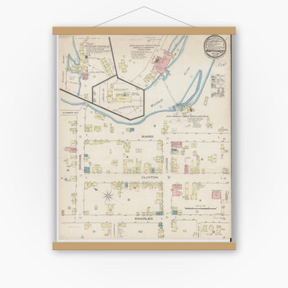Old map wall art mockup — magnetic wood frame on white wall — Sanborn Fire Insurance Map from Montgomery, Orange County, New York (1885), Sheet #0001
