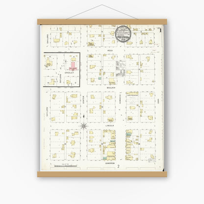 Old map wall art mockup — magnetic wood frame on white wall — Sanborn Fire Insurance Map from Nora Springs, Floyd County, Iowa (1896) â€” Complete Set