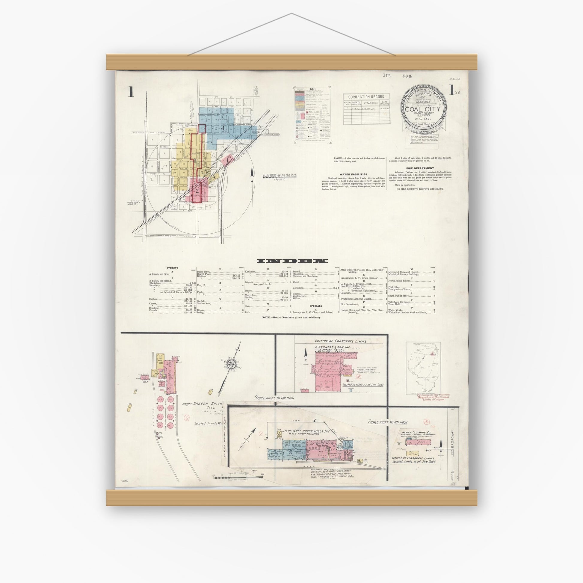 Old map wall art mockup — magnetic wood frame on white wall — Sanborn Fire Insurance Map from Coal City, Grundy County, Illinois (1943) - Complete Map Set