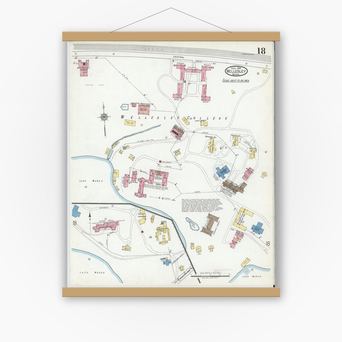 Old map wall art mockup — magnetic wood frame on white wall — Sanborn Fire Insurance Map from Wellesley, Norfolk County, Massachusetts (1919), Sheet #0018