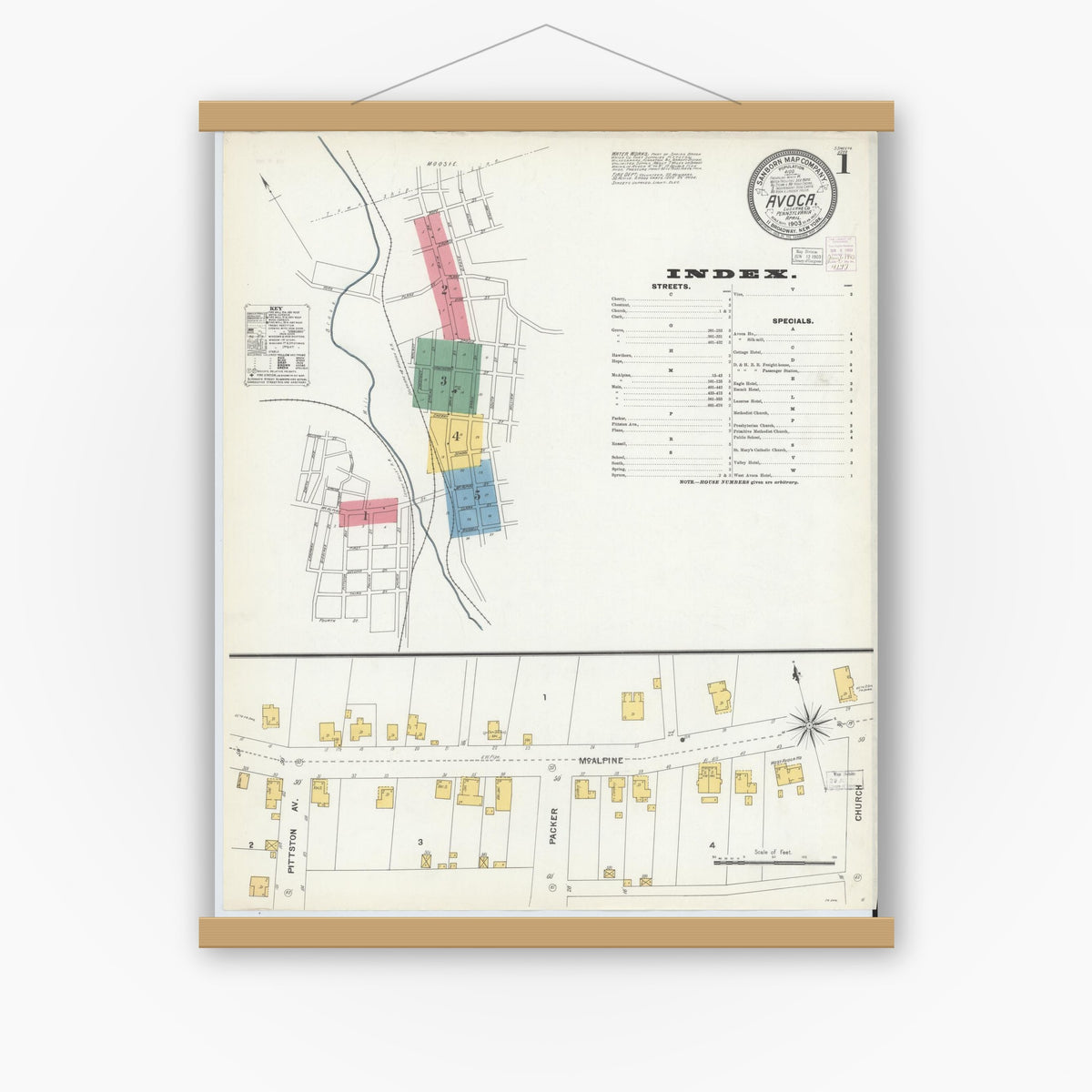 Old map wall art mockup — magnetic wood frame on white wall — Sanborn Fire Insurance Map from Avoca, Luzerne County, Pennsylvania (1903) - Complete Map Set