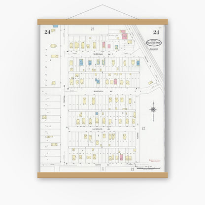 Old map wall art mockup — magnetic wood frame on white wall — Sanborn Fire Insurance Map from Highland Park, Lake County, Illinois (1924), Sheet #0024
