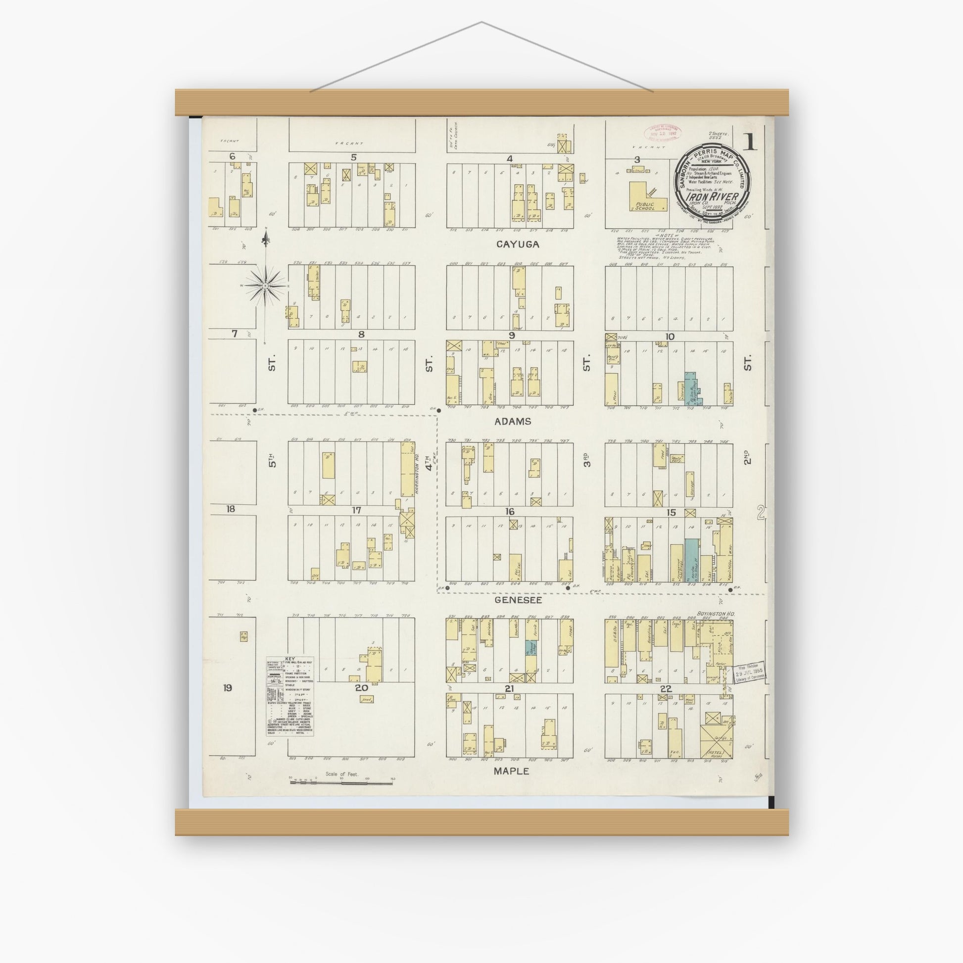 Old map wall art mockup — magnetic wood frame on white wall — Sanborn Fire Insurance Map from Iron River, Iron County, Michigan (1892) - Complete Map Set