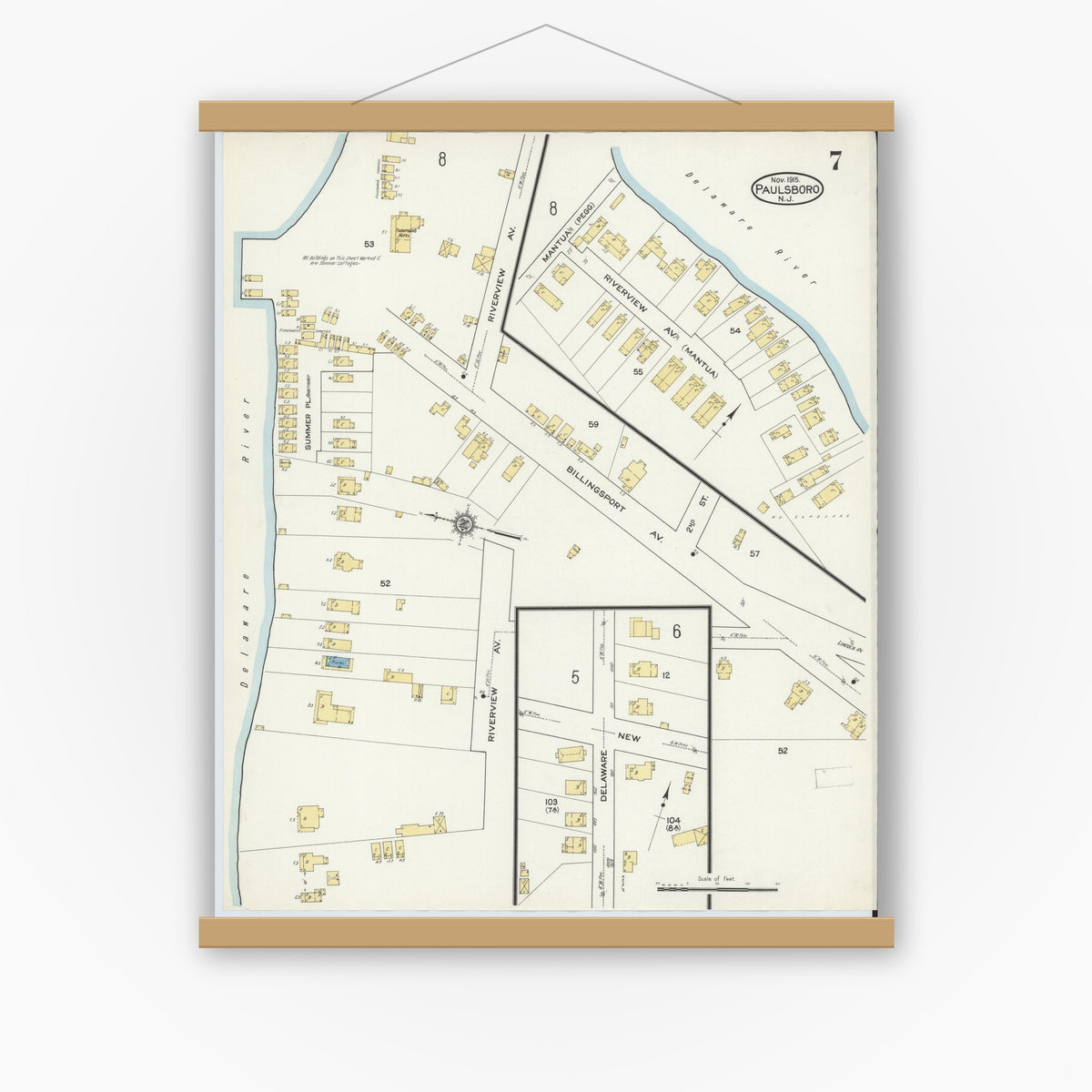 Old map wall art mockup — magnetic wood frame on white wall — Sanborn Fire Insurance Map from Paulsboro, Gloucester County, New Jersey (1915), Sheet #0007