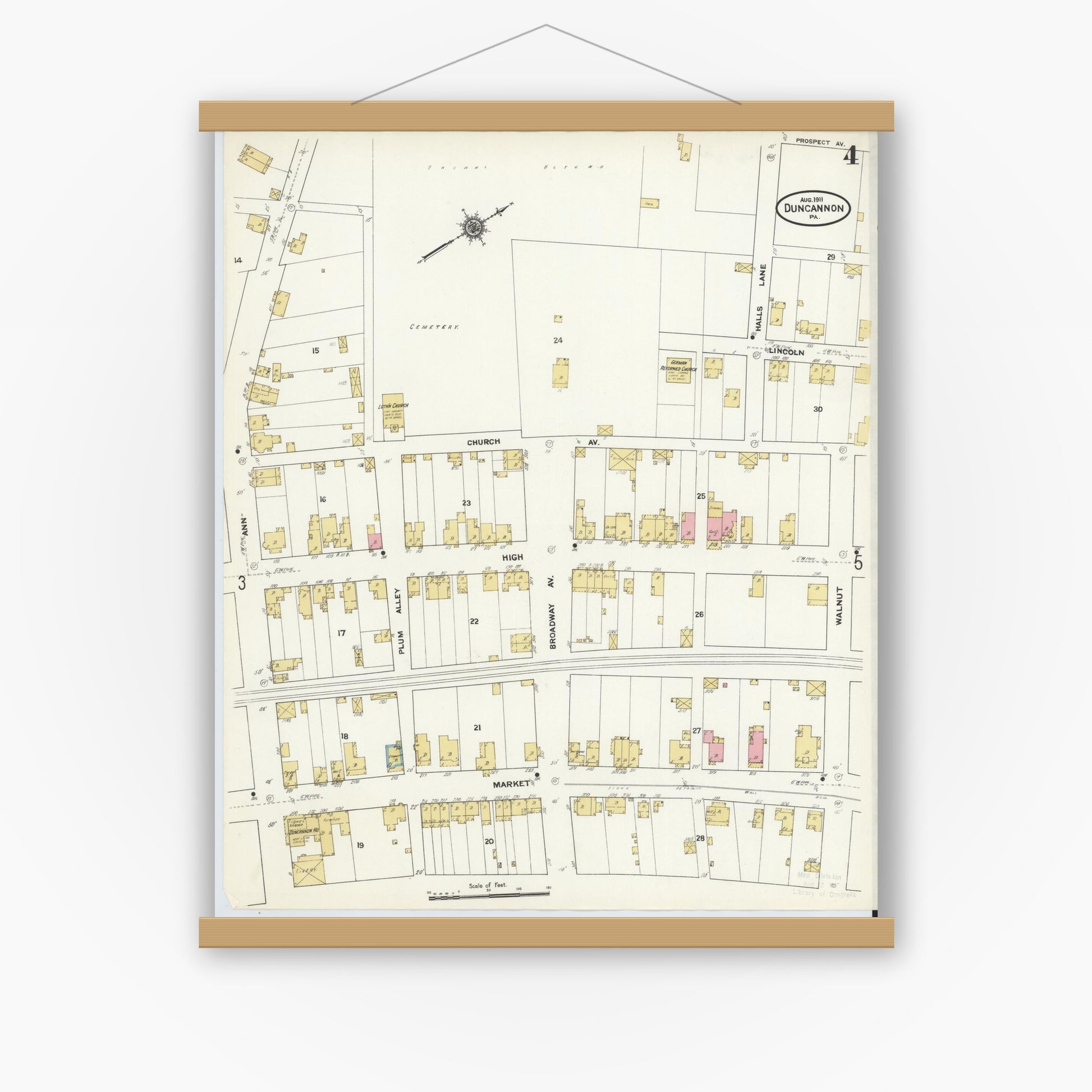 Old map wall art mockup — magnetic wood frame on white wall — Sanborn Fire Insurance Map from Duncannon, Perry County, Pennsylvania (1911), Sheet #0004