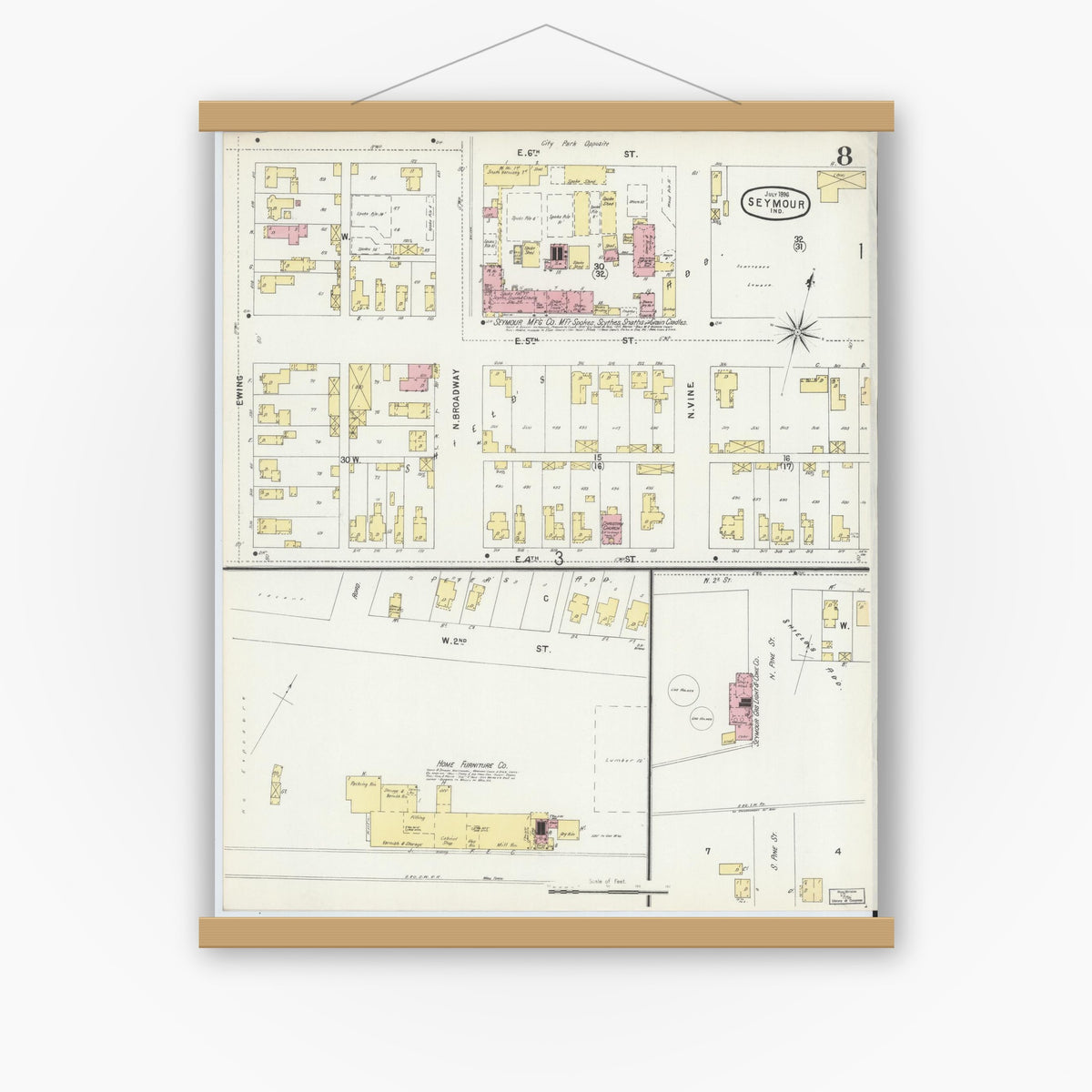 Old map wall art mockup — magnetic wood frame on white wall — Sanborn Fire Insurance Map from Seymour, Jackson County, Indiana (1896), Sheet #0008