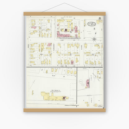 Old map wall art mockup — magnetic wood frame on white wall — Sanborn Fire Insurance Map from Seymour, Jackson County, Indiana (1896), Sheet #0008