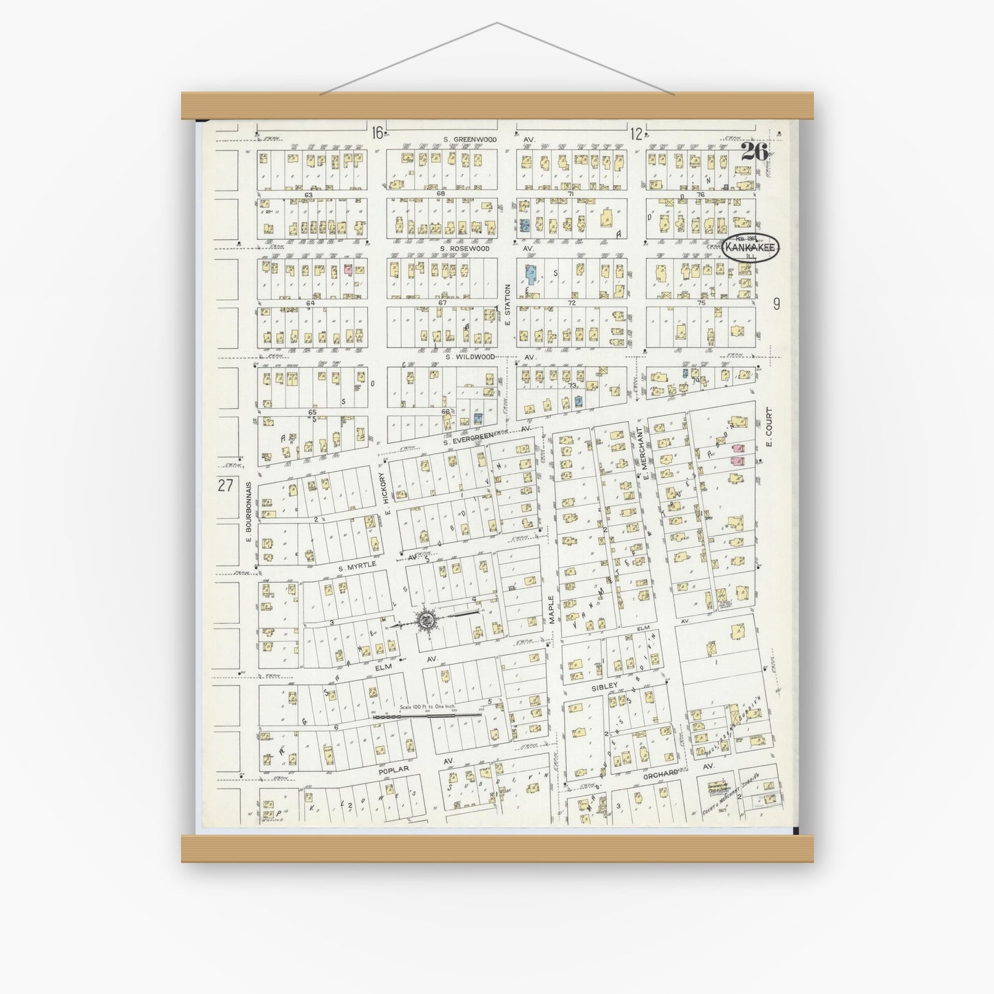 Old map wall art mockup — magnetic wood frame on white wall — Sanborn Fire Insurance Map from Kankakee, Kankakee County, Illinois (1914), Sheet #0026