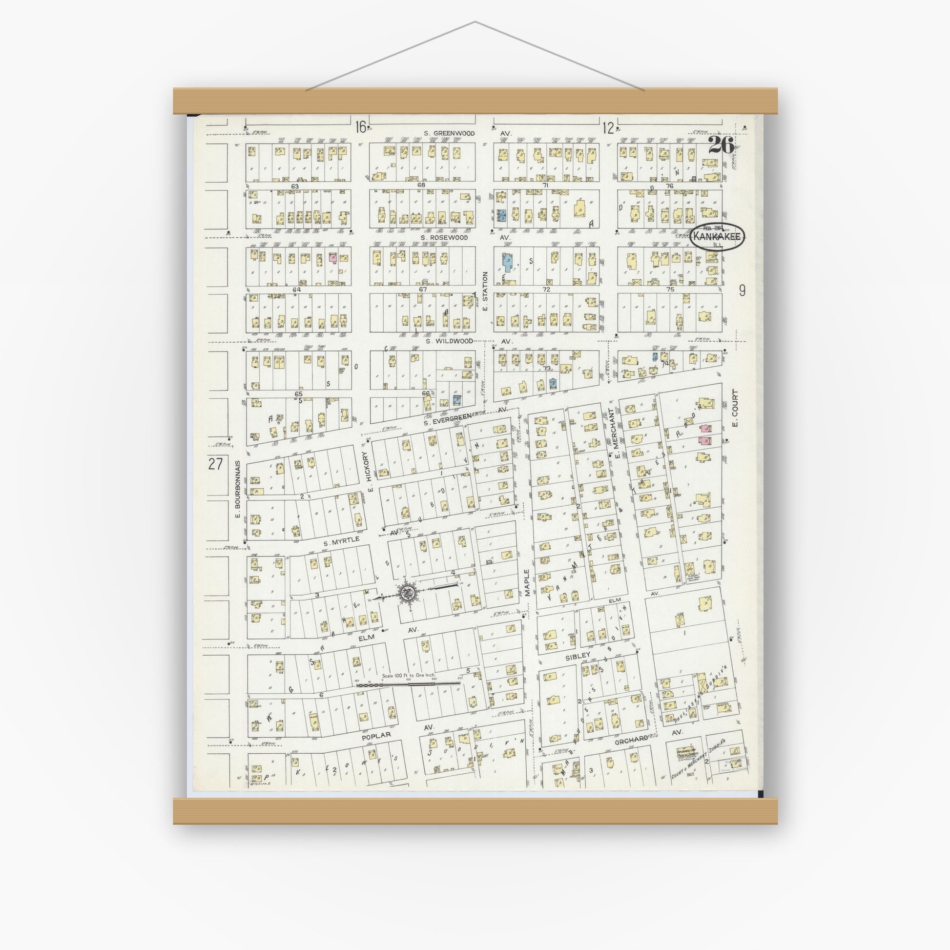 Old map wall art mockup — magnetic wood frame on white wall — Sanborn Fire Insurance Map from Kankakee, Kankakee County, Illinois (1914), Sheet #0026