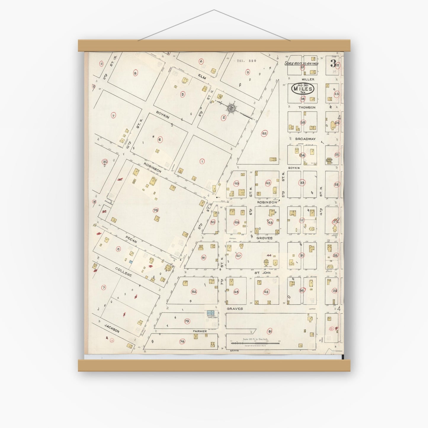 Old map wall art mockup — magnetic wood frame on white wall — Sanborn Fire Insurance Map from Miles, Runnels County, Texas (1936), Sheet #0003