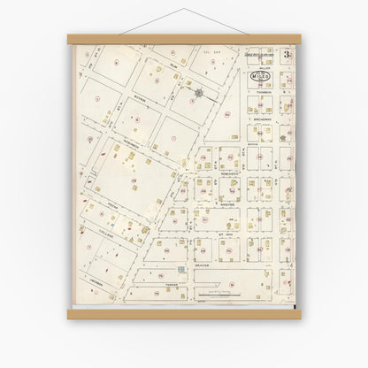 Old map wall art mockup — magnetic wood frame on white wall — Sanborn Fire Insurance Map from Miles, Runnels County, Texas (1936), Sheet #0003