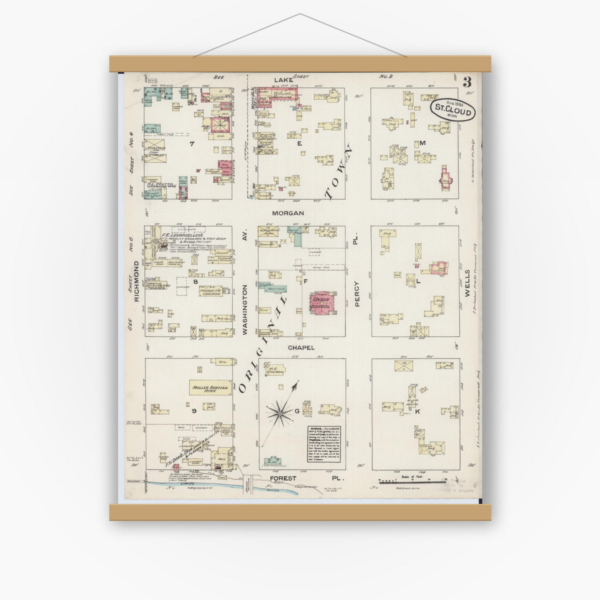 Old map wall art mockup — magnetic wood frame on white wall — Sanborn Fire Insurance Map from Saint Cloud, Stearns, Benton, and Sherburne Counties, Minnesota (1884), Sheet #0003