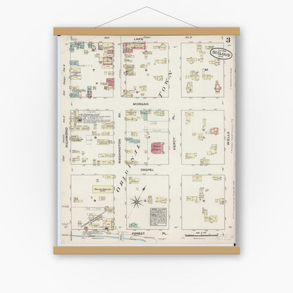 Old map wall art mockup — magnetic wood frame on white wall — Sanborn Fire Insurance Map from Saint Cloud, Stearns, Benton, and Sherburne Counties, Minnesota (1884), Sheet #0003