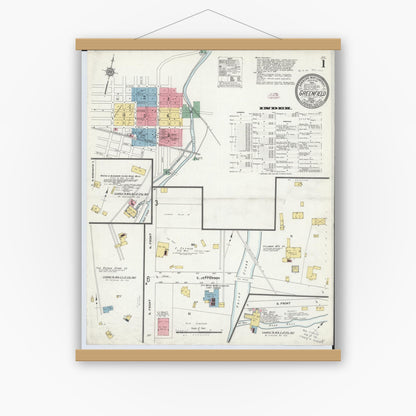 Old map wall art mockup — magnetic wood frame on white wall — Sanborn Fire Insurance Map from Greenfield, Highland County, Ohio (1910), Sheet #0001