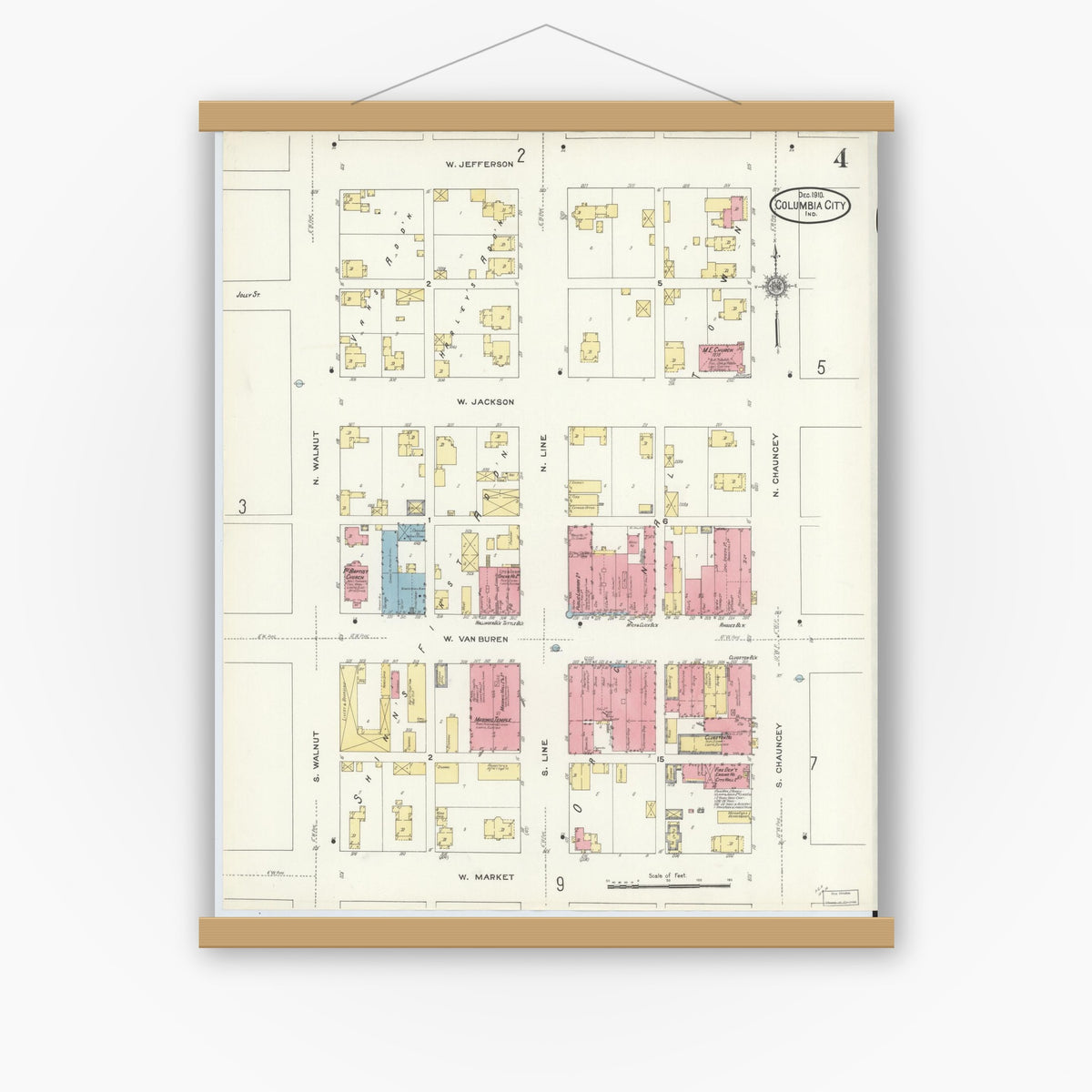 Old map wall art mockup — magnetic wood frame on white wall — Sanborn Fire Insurance Map from Columbia City, Whitley County, Indiana (1910), Sheet #0004