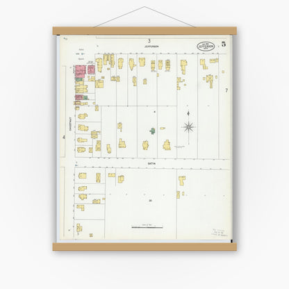 Old map wall art mockup — magnetic wood frame on white wall — Sanborn Fire Insurance Map from Jefferson, Ashtabula County, Ohio (1902), Sheet #0005