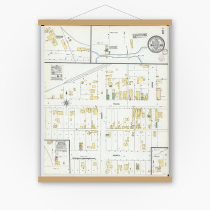 Old map wall art mockup — magnetic wood frame on white wall — Sanborn Fire Insurance Map from White Cloud, Newaygo County, Michigan (1902) - Complete Map Set