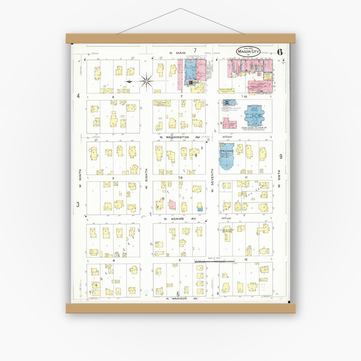 Old map wall art mockup — magnetic wood frame on white wall — Sanborn Fire Insurance Map from Mason City, Cerro Gordo County, Iowa (1909), Sheet #0006