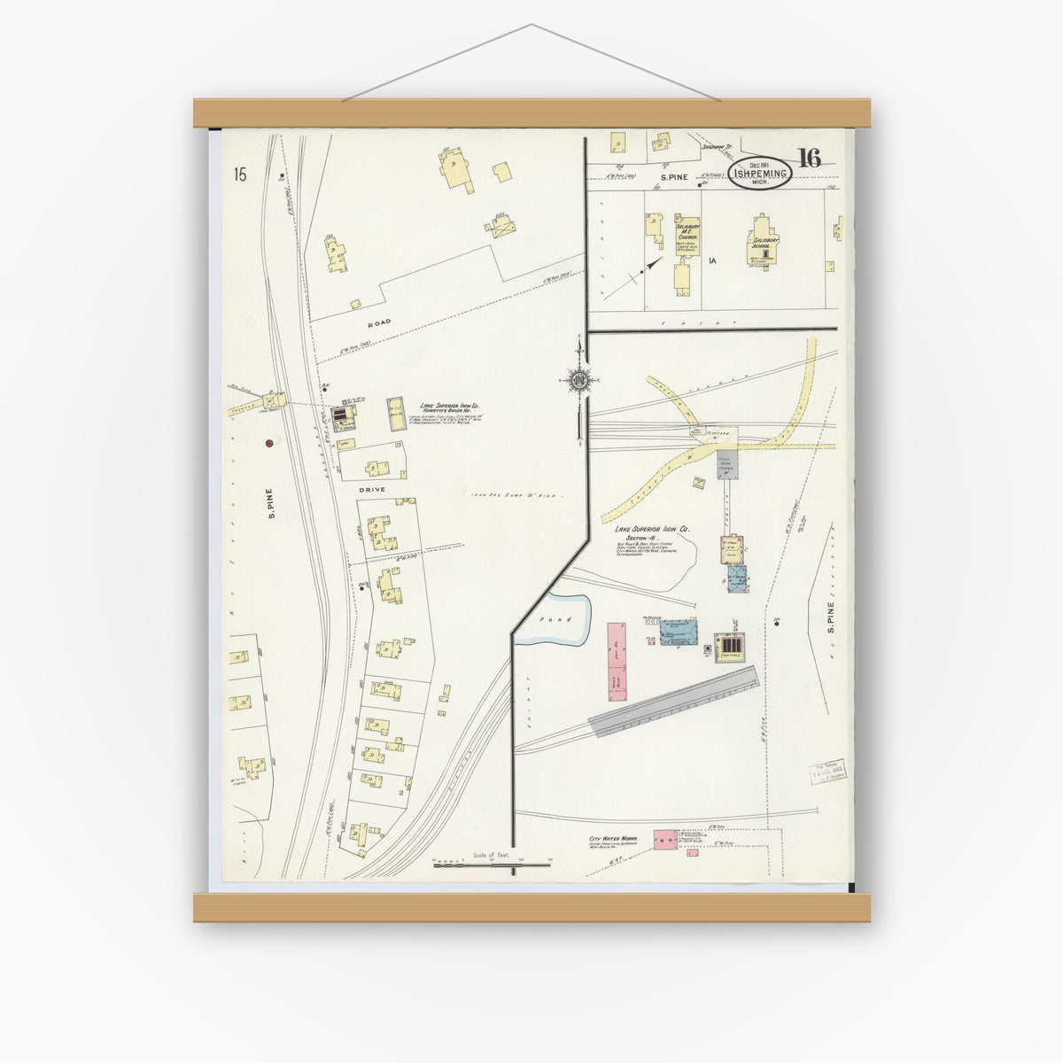 Old map wall art mockup — magnetic wood frame on white wall — Sanborn Fire Insurance Map from Ishpeming, Marquette County, Michigan (1911), Sheet #0016
