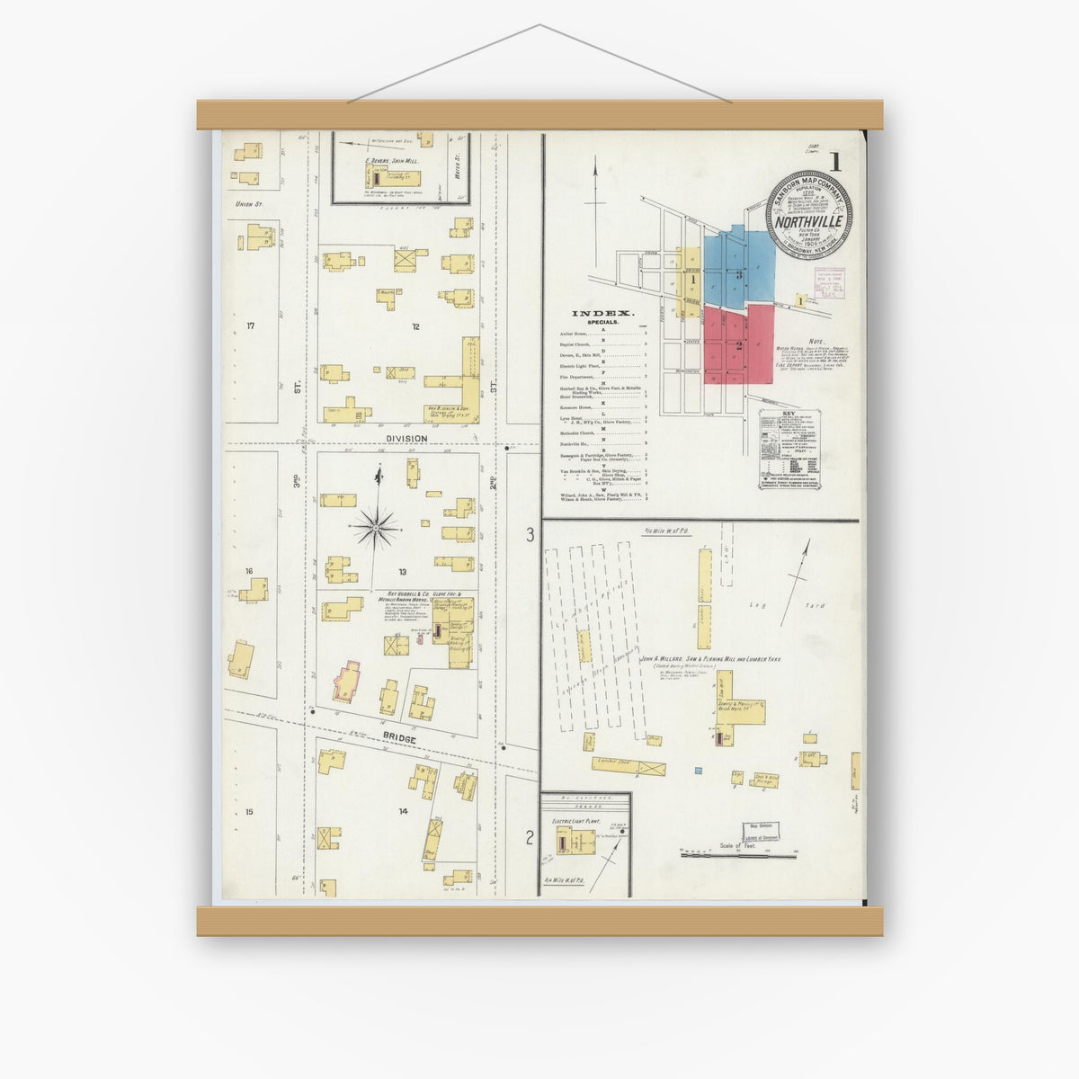 Old map wall art mockup — magnetic wood frame on white wall — Sanborn Fire Insurance Map from Northville, Fulton County, New York (1906) - Complete Map Set