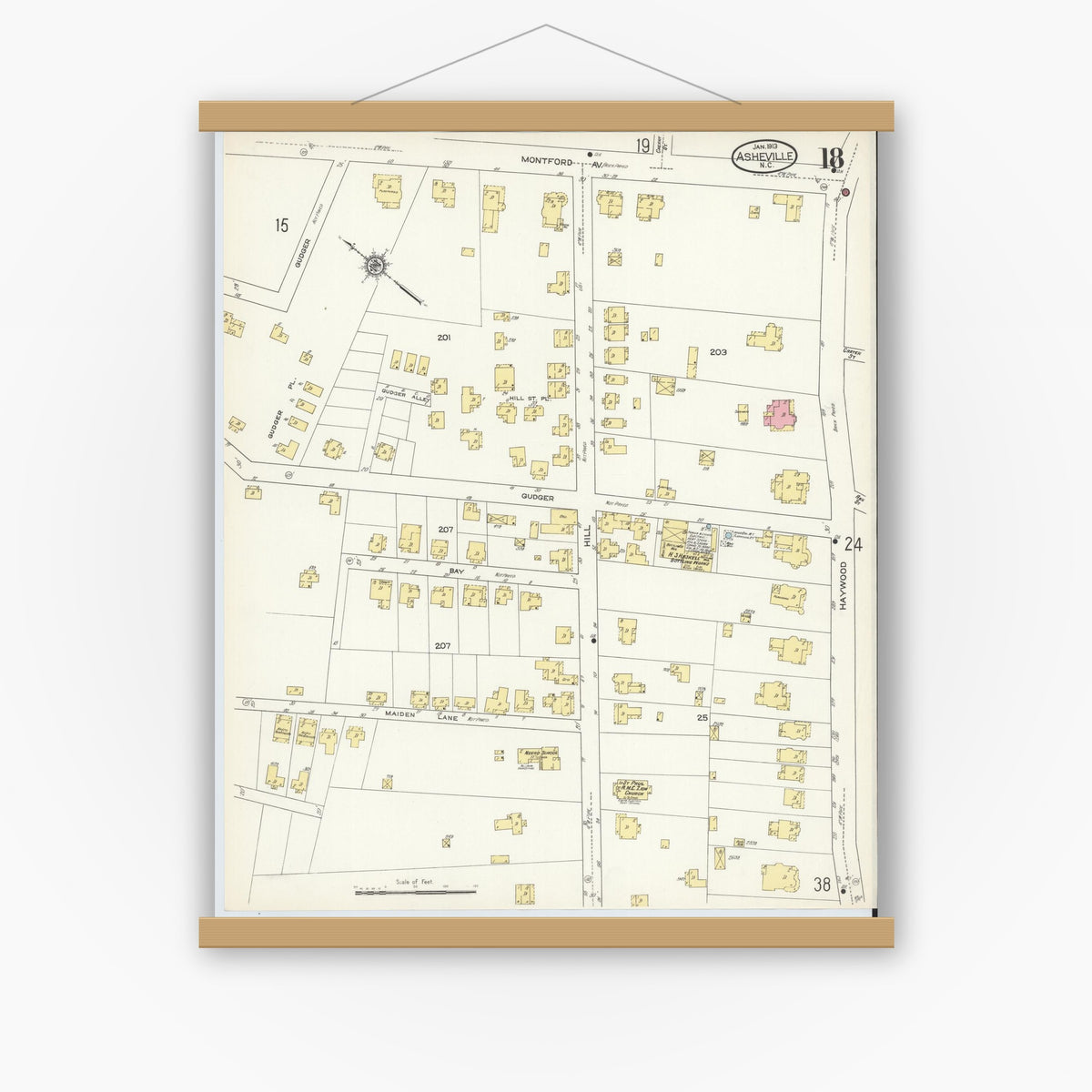 Old map wall art mockup — magnetic wood frame on white wall — Sanborn Fire Insurance Map from Asheville, Buncombe County, North Carolina (1913), Sheet #0018