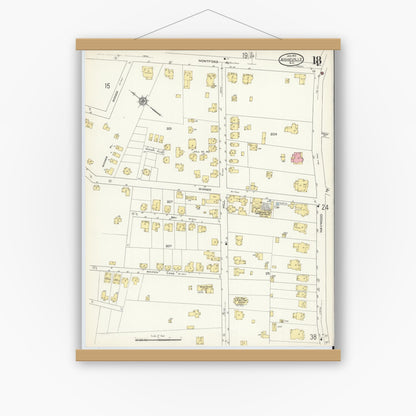 Old map wall art mockup — magnetic wood frame on white wall — Sanborn Fire Insurance Map from Asheville, Buncombe County, North Carolina (1913), Sheet #0018
