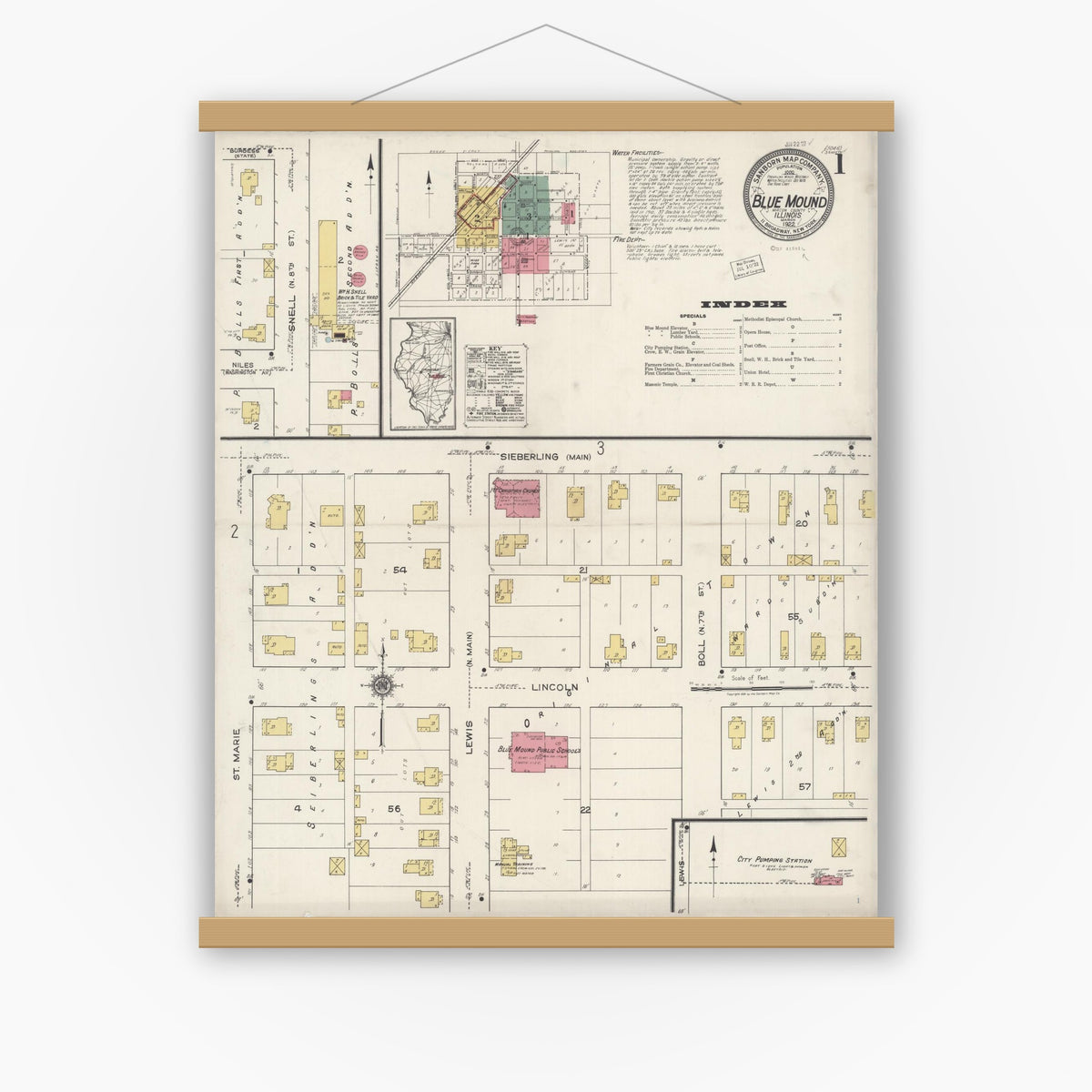 Old map wall art mockup — magnetic wood frame on white wall — Sanborn Fire Insurance Map from Blue Mound, Macon County, Illinois (1922), Sheet #0001