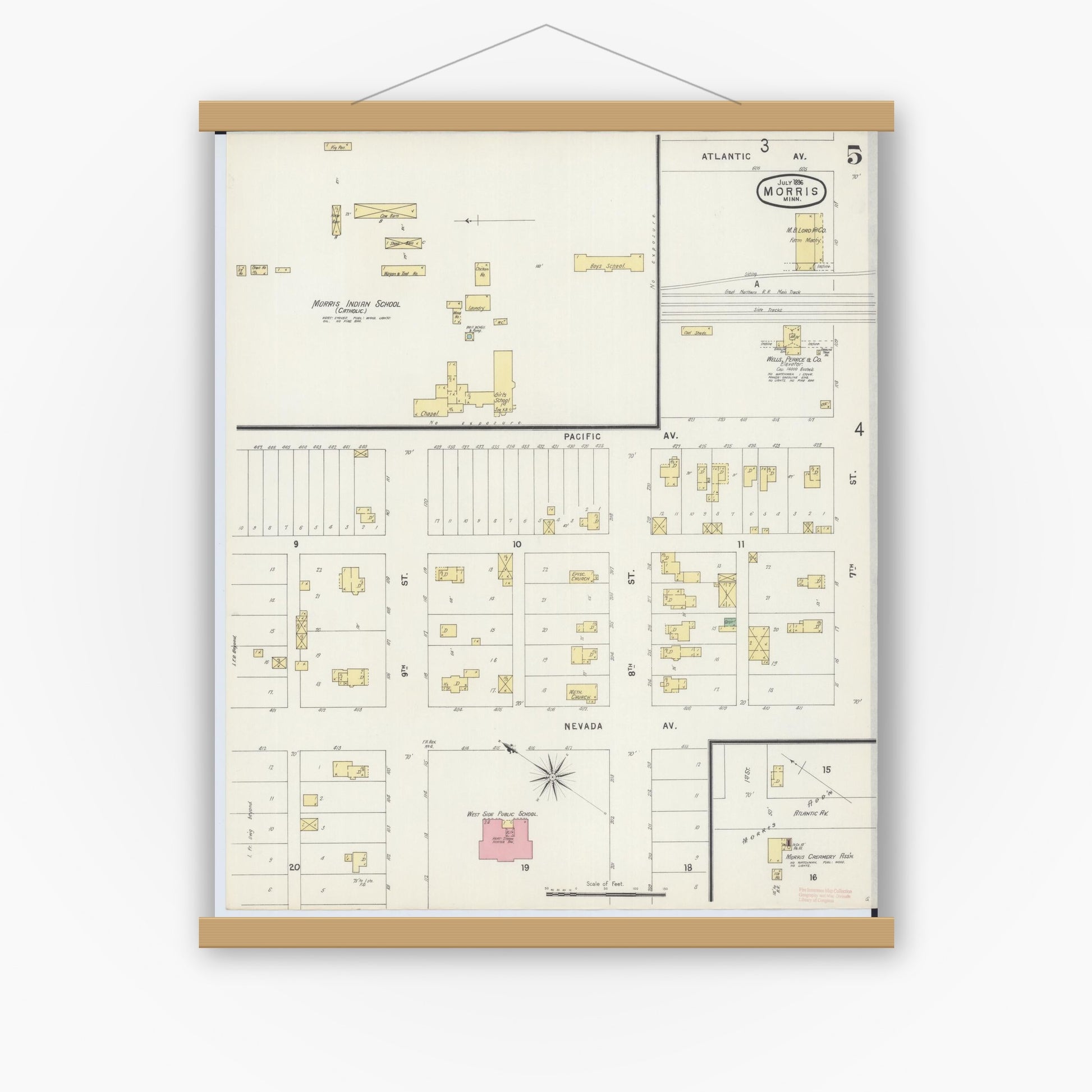 Old map wall art mockup — magnetic wood frame on white wall — Sanborn Fire Insurance Map from Morris, Stevens County, Minnesota (1896), Sheet #0005