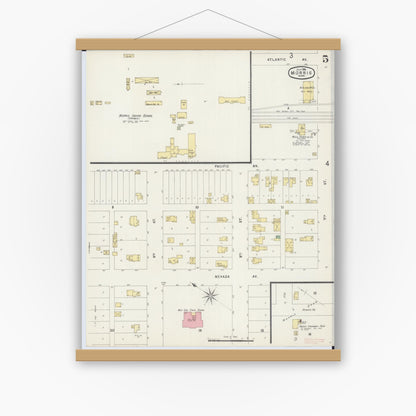 Old map wall art mockup — magnetic wood frame on white wall — Sanborn Fire Insurance Map from Morris, Stevens County, Minnesota (1896), Sheet #0005